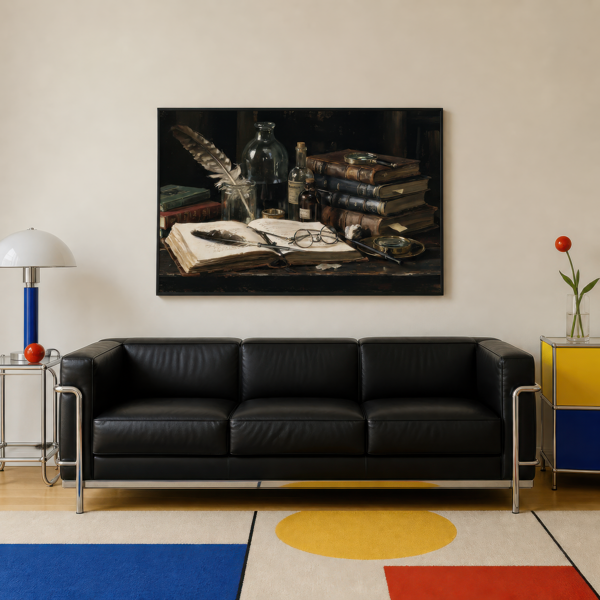 Ivy league shadow above a black leather sofa with a primary colour rug and chrome lamp