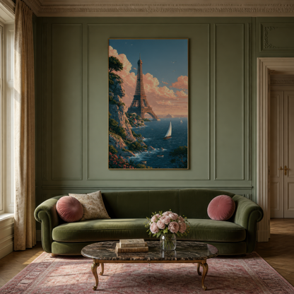 Eiffel Tower Sea Cliff Illustration wall art print staged in a room