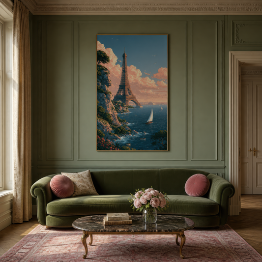 Eiffel Tower Sea Cliff Illustration wall art print staged in a room