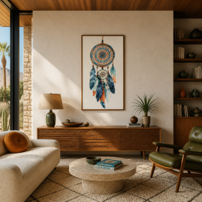 Indigo dreamcatcher artwork above a teak credenza in a mid-century room with a green lounge chair