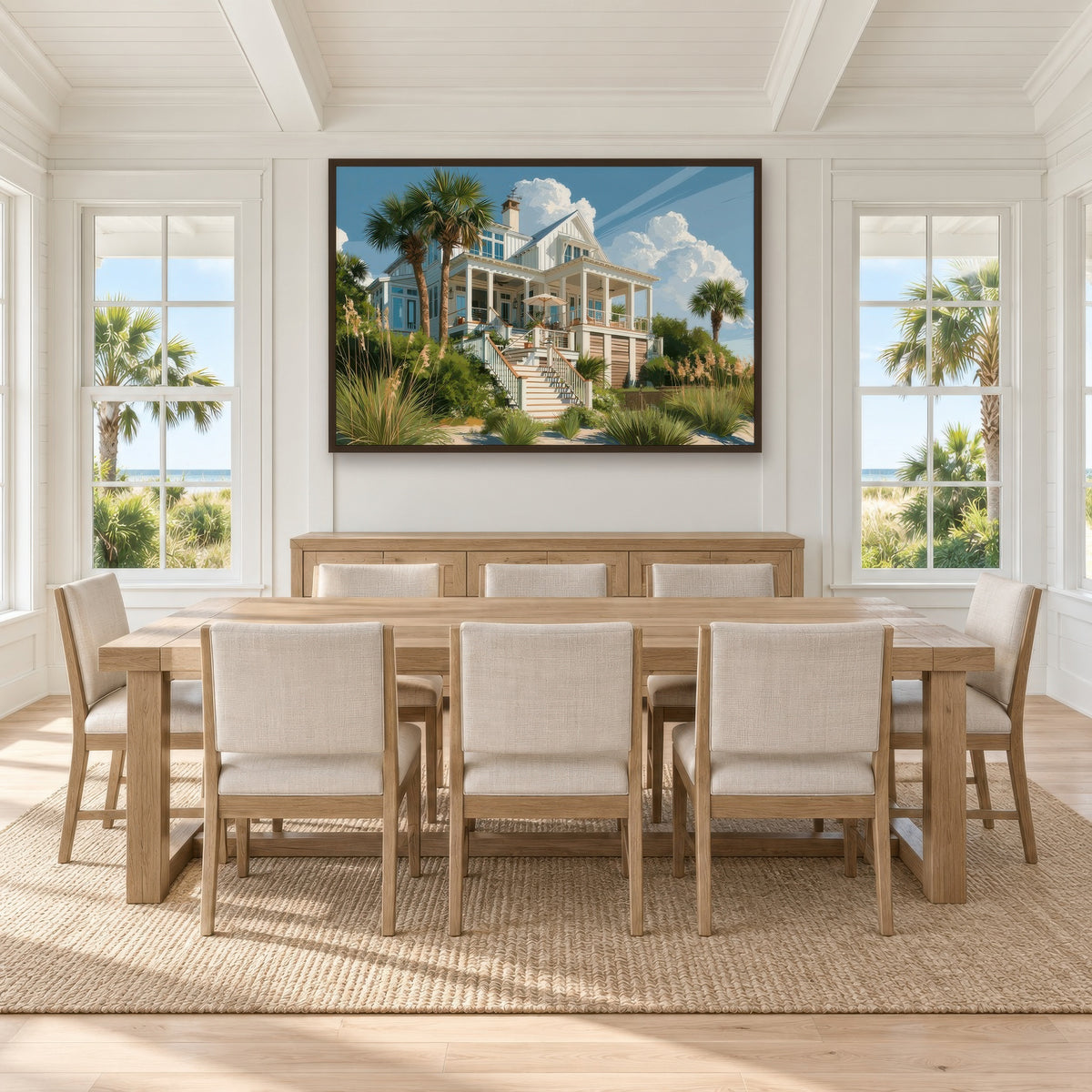 Beach House Under Clouds coastal wall art in a dining room