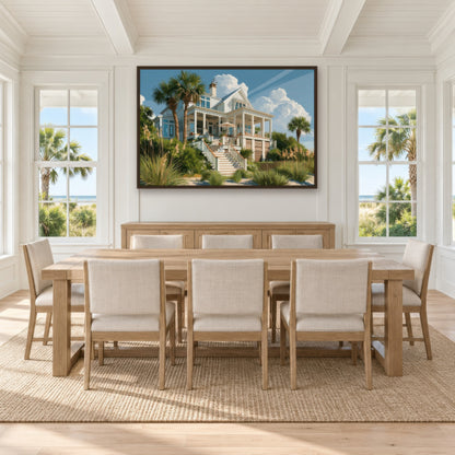 Beach House Under Clouds coastal wall art in a dining room
