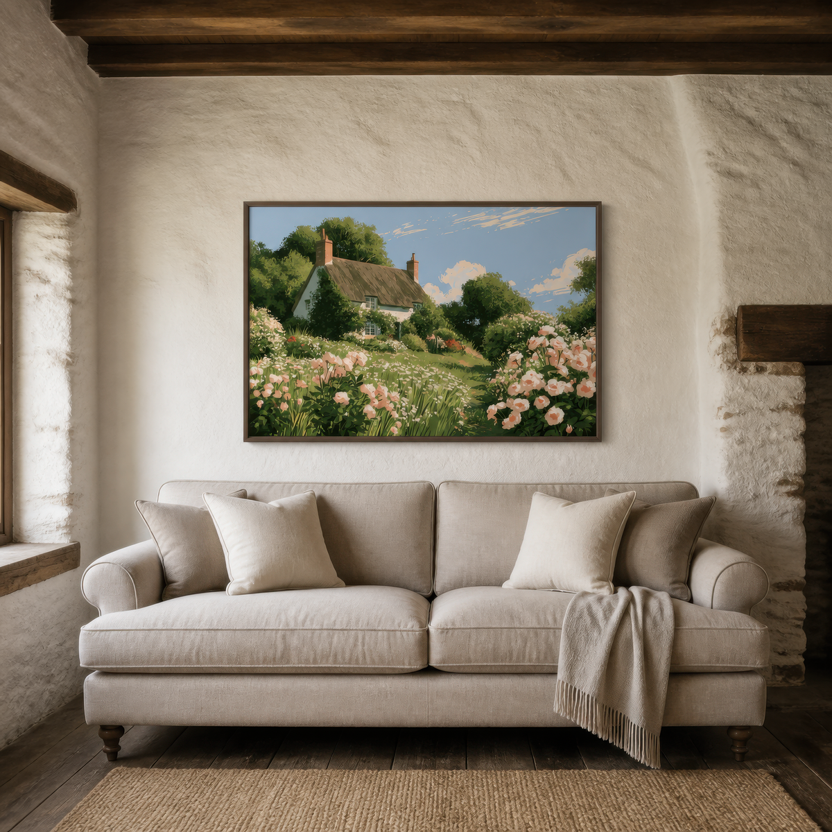 Hillside cottage above a cream roll arm sofa on a whitewashed stone wall with a jute rug