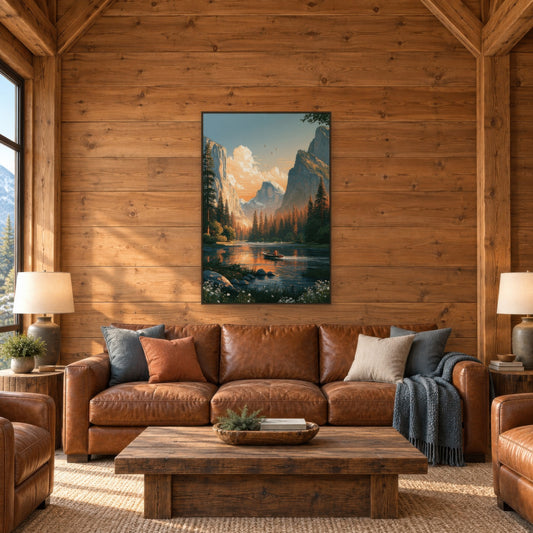 Yosemite Valley Boat on River national park wall art in a living room