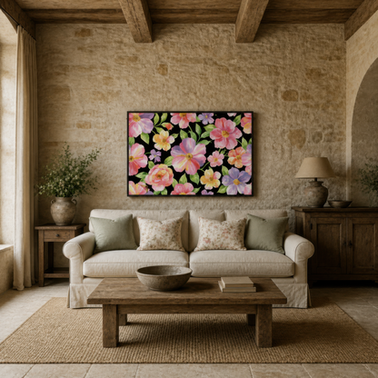 Multicolor Floral Pattern on Black wall art print, alternate room view