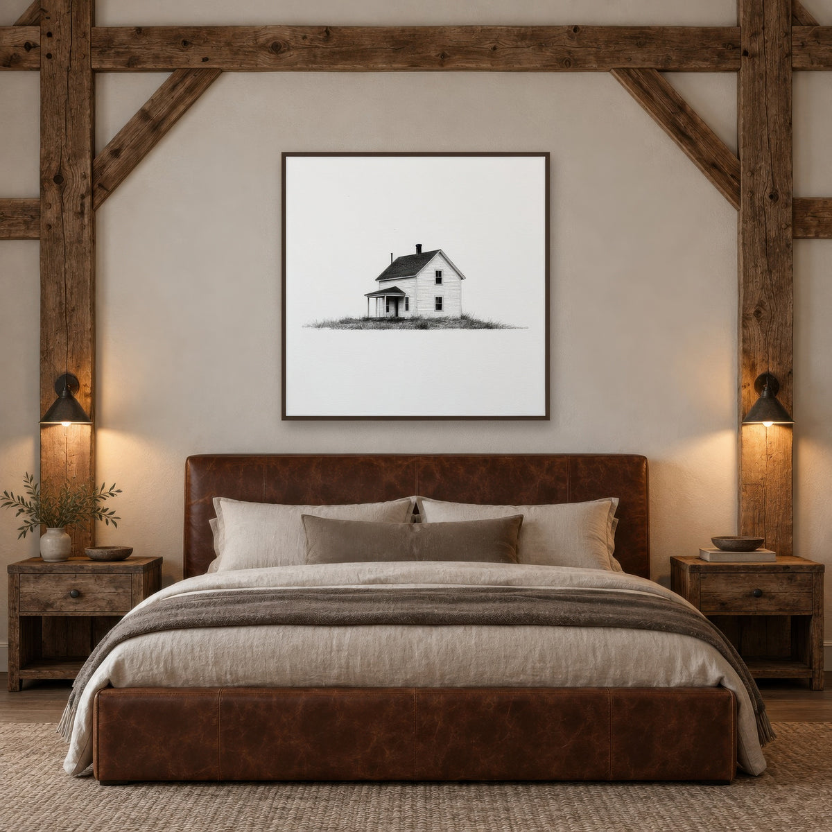 Two-Story Farmhouse with a Corner Porch farmhouse wall art in a bedroom