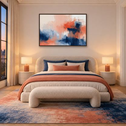 Navy and Coral Abstract wall art in a bedroom