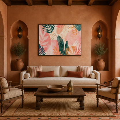 Tropical leaves at sunset artwork above a cream sofa in a terracotta room with arched niches