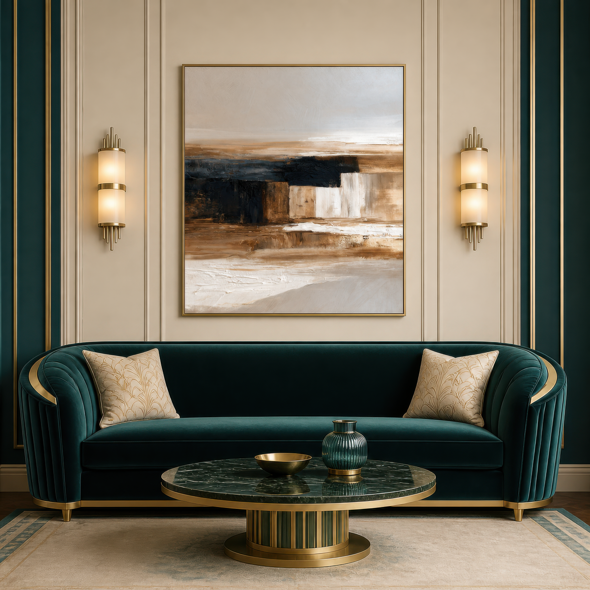 Tall brown and cream abstract artwork above a dark teal velvet sofa between wall sconces