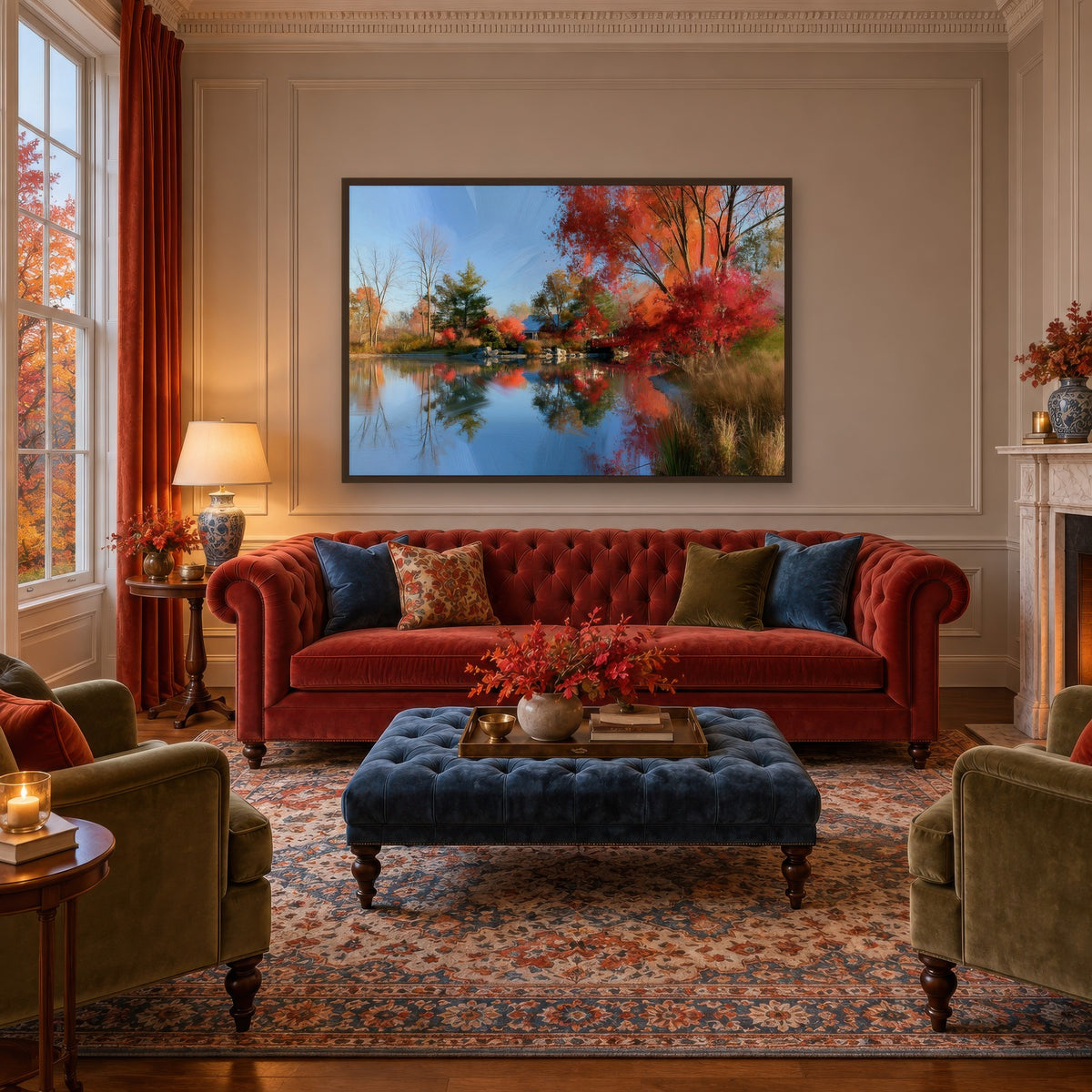 Autumn Lake Reflection impressionist wall art in a living room