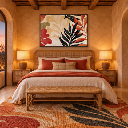 Black and Rust Leaves on Cream boho wall art in a bedroom