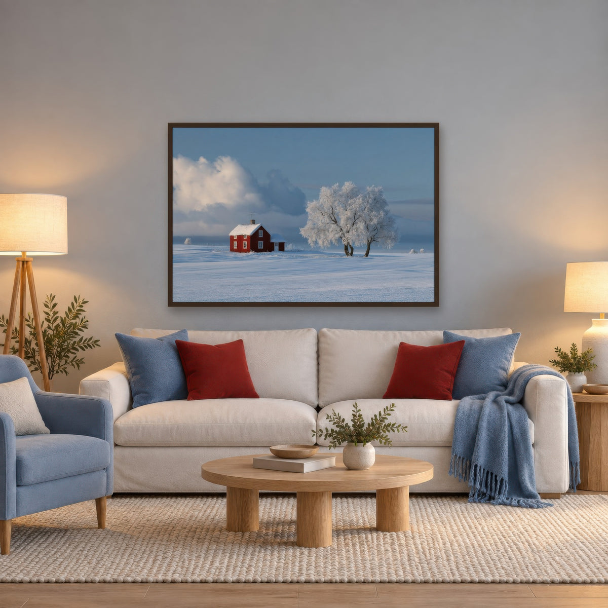 Red Cottage in Snowy Field scandinavian wall art in a living room