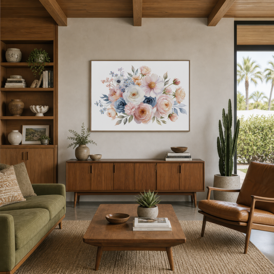 Pastel Rose Bouquet wall art print, alternate room view