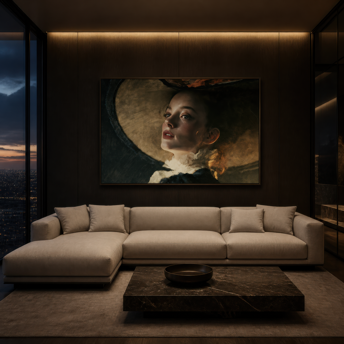 Portrait in a wide hat above a cream sectional on a dark wood panelled wall with cove lighting