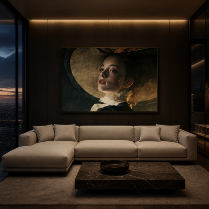 Portrait in a wide hat above a cream sectional on a dark wood panelled wall with cove lighting
