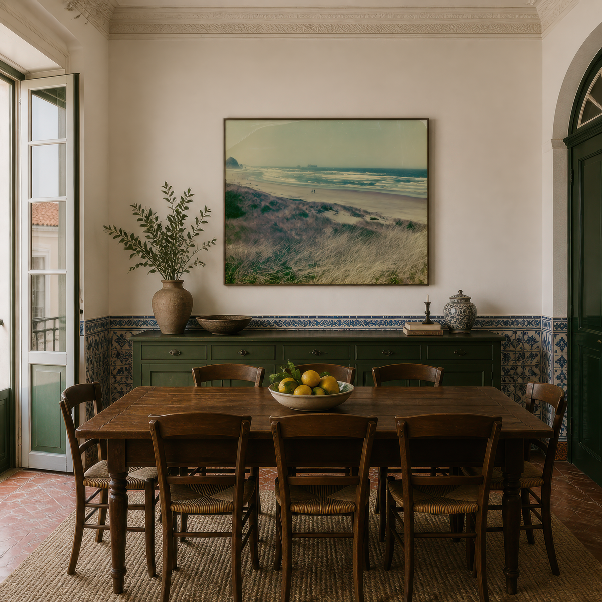 Vintage dune grass coastline above a wood dining table with a green tiled dado behind