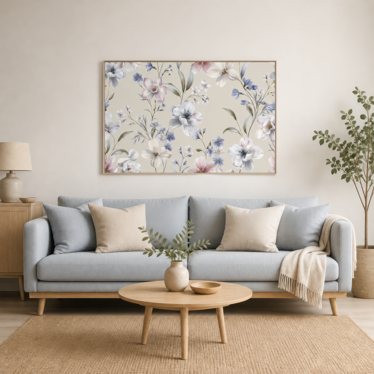 Lavender and White Floral Pattern wall art print staged in a room