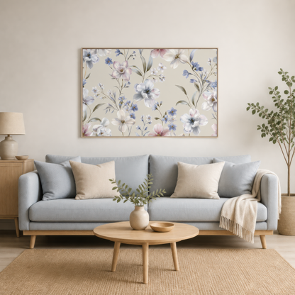 Lavender and White Floral Pattern wall art print staged in a room