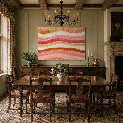 Woven wave band artwork above a dark wood dining table in a sage green panelled room