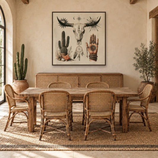 Bull Skull and Desert Talisman Collage boho wall art in a dining room