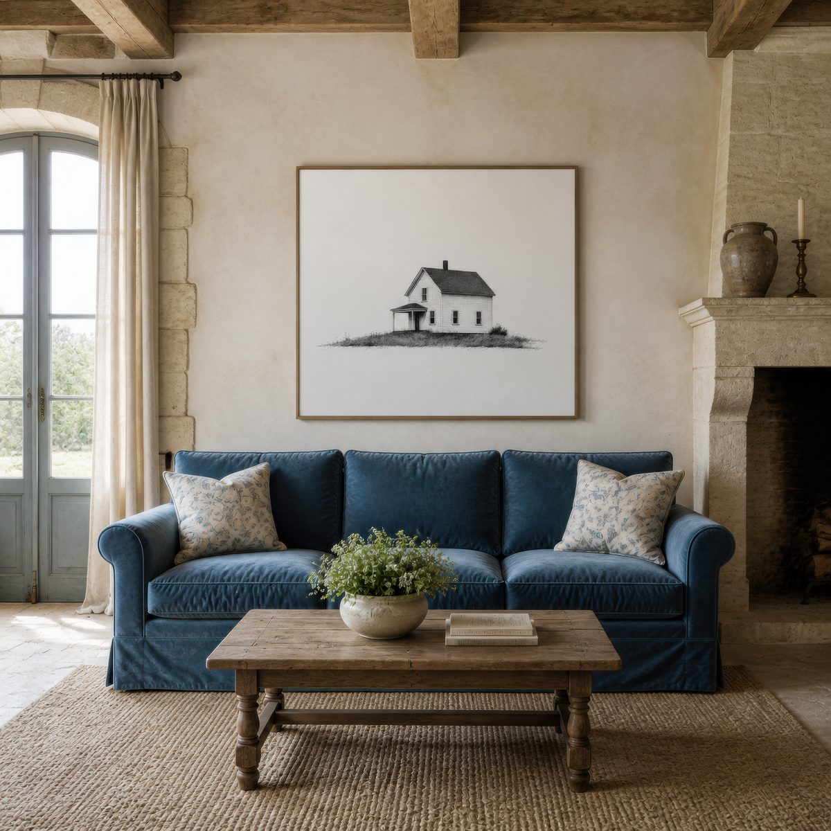 Low wide farmhouse with a porch above a blue sofa with striped pillows beside a fireplace
