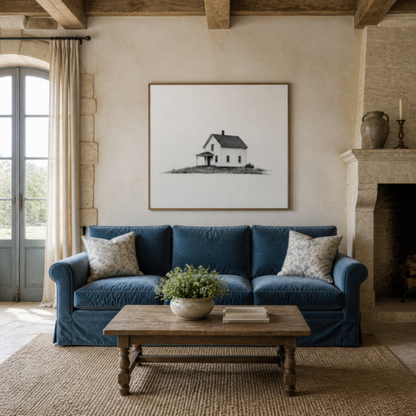 Low wide farmhouse with a porch above a blue sofa with striped pillows beside a fireplace