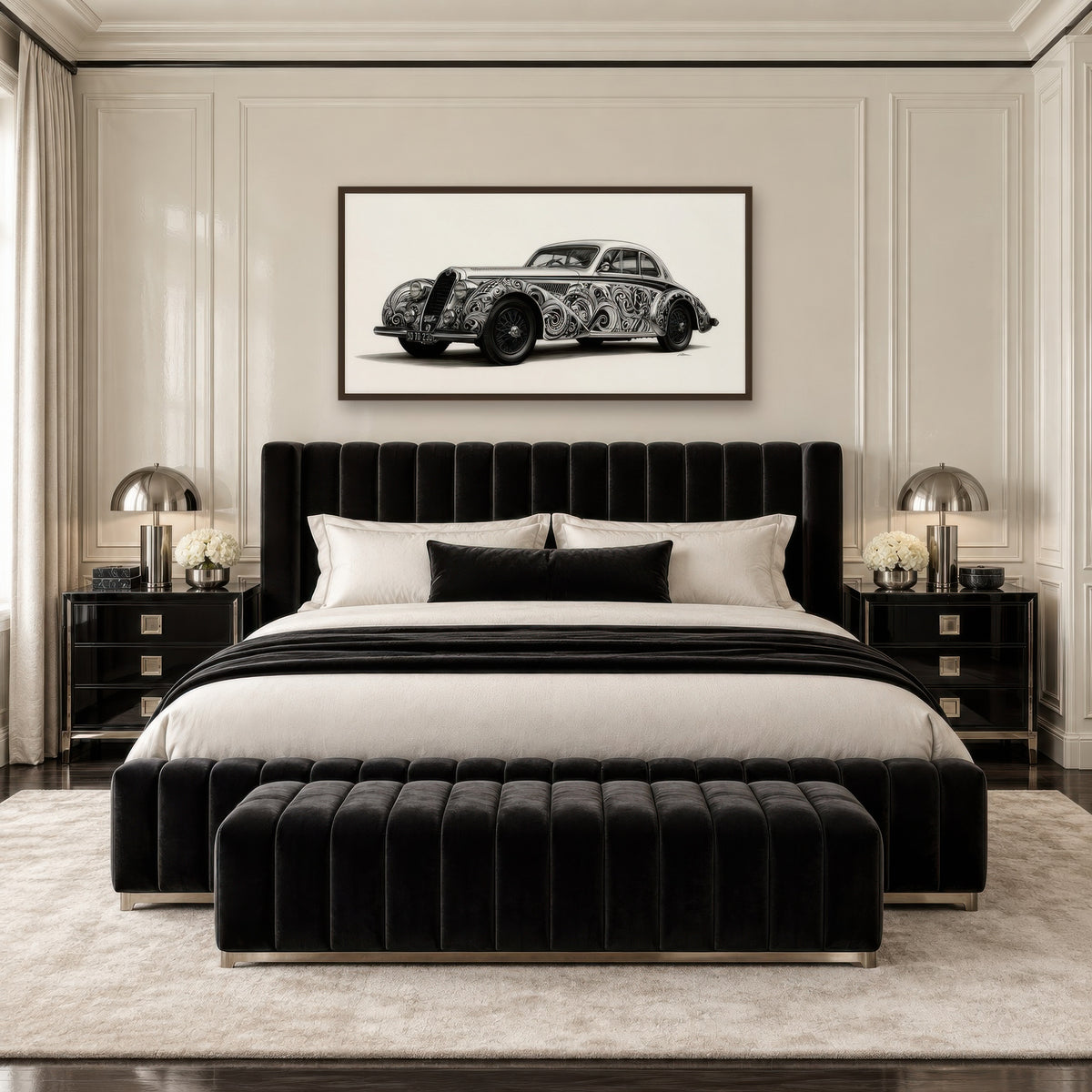 Vintage Car in Filigree art deco wall art in a bedroom