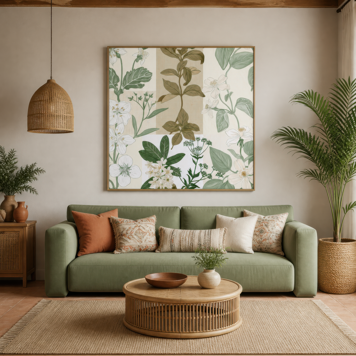 Patchwork Botanical Floral Illustration wall art print staged in a room