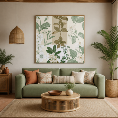 Patchwork Botanical Floral Illustration wall art print staged in a room