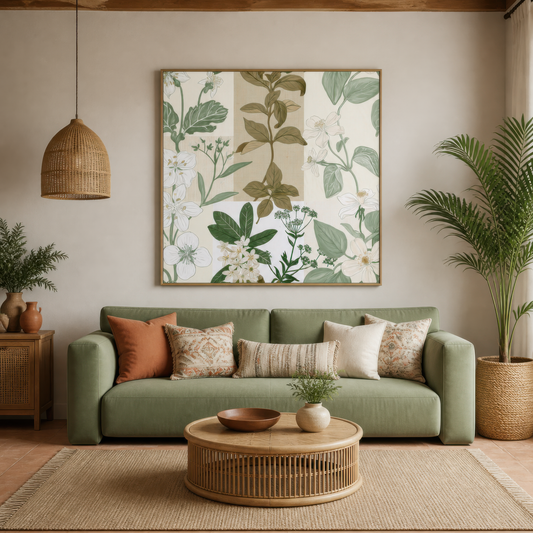 Patchwork Botanical Floral Illustration wall art print staged in a room