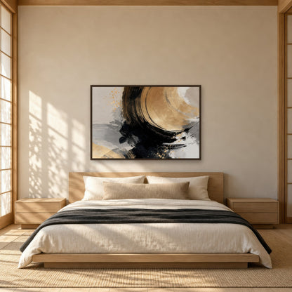Gold and Black Ensō Abstract japandi wall art in a bedroom
