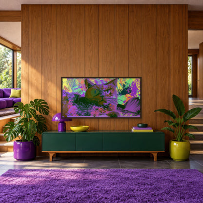 Purple and Green Cat psychedelic wall art in an entryway