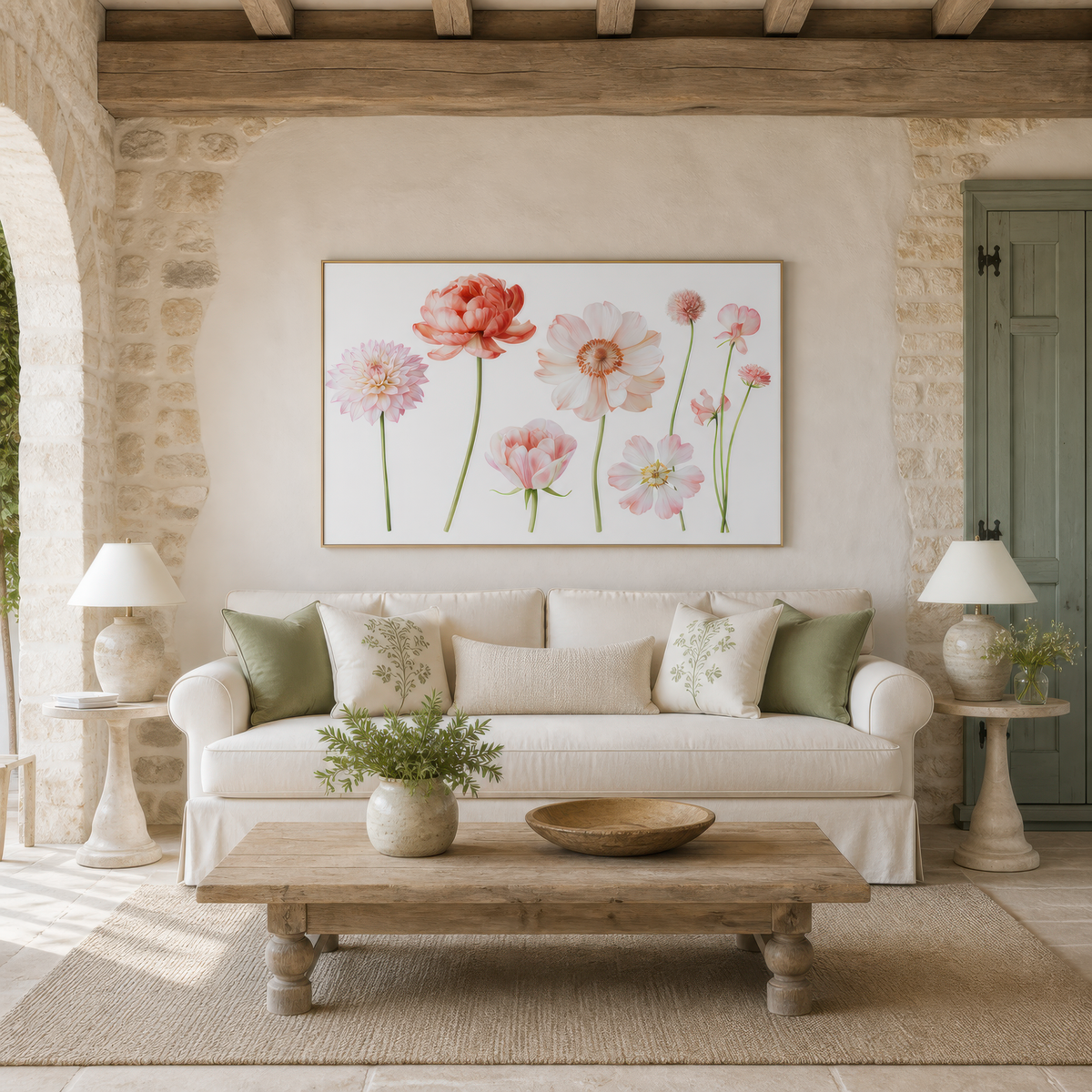 Pink Blooms in a Row wall art print, alternate room view