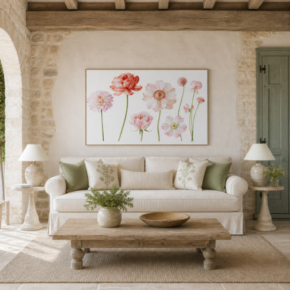 Pink Blooms in a Row wall art print, alternate room view