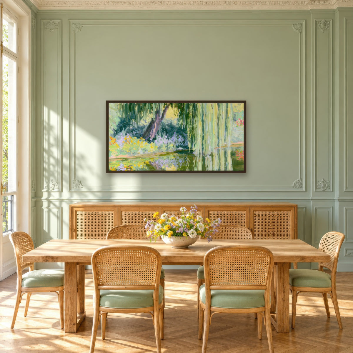 Sunlit Willow over a Garden Pond impressionist wall art in a dining room