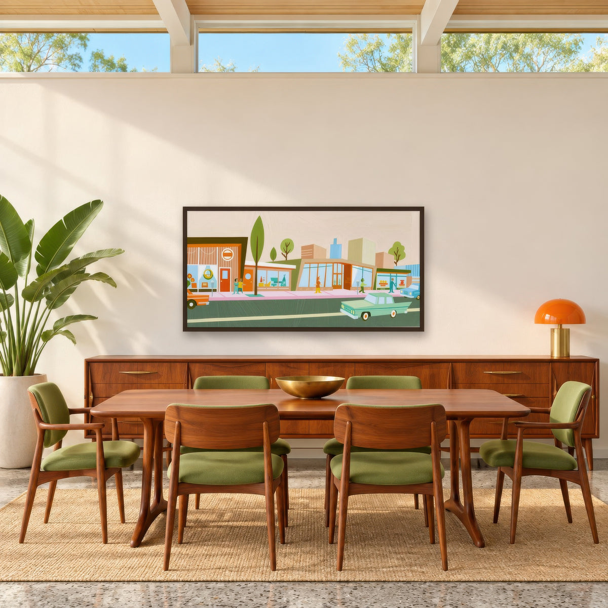 Retro Shops Along a Pink Sidewalk mid-century modern wall art in a dining room