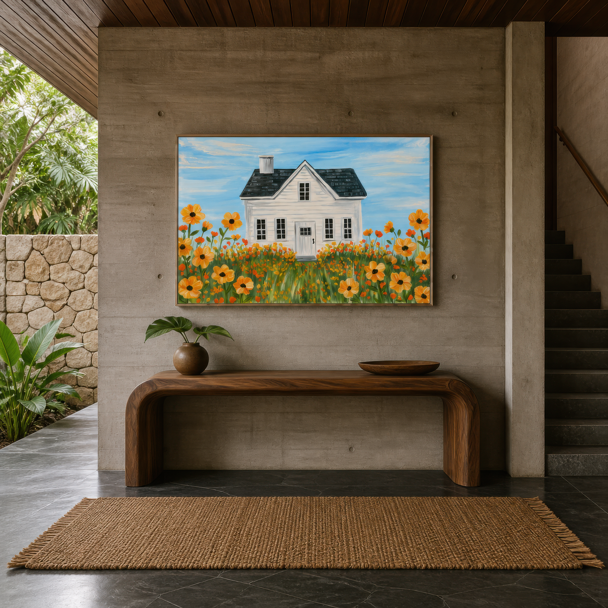 Golden meadow farmhouse above a curved wood console in an entryway with a jute rug