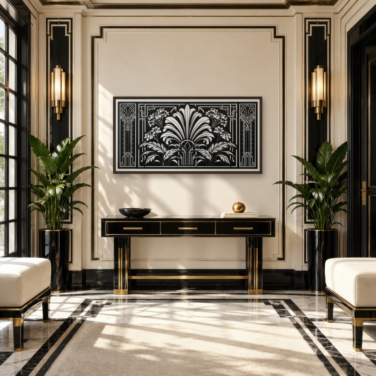 Deco Foliage Panel art deco wall art in an entryway