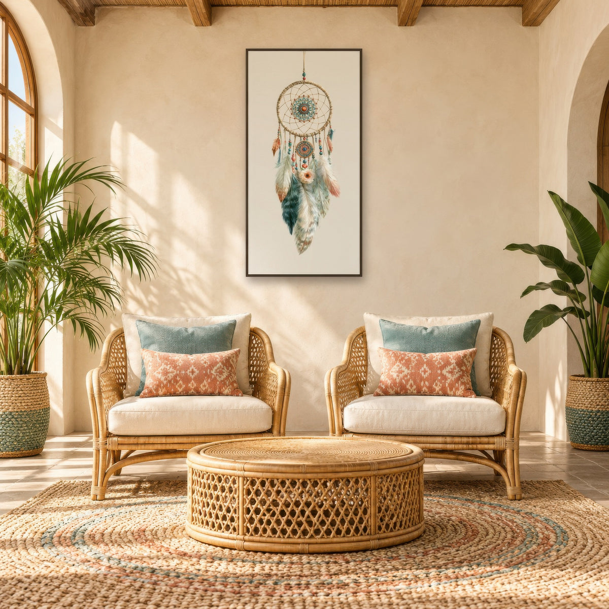 Dreamcatcher in Teal and Clay boho wall art in a den