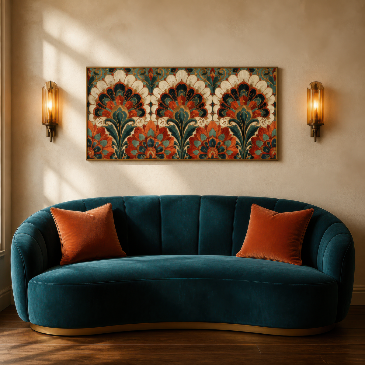 Rust and teal fan motif above a teal curved velvet sofa with rust pillows and brass sconces