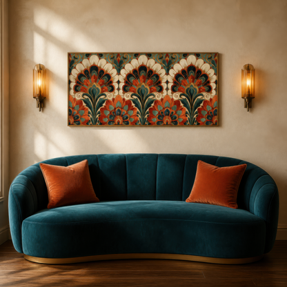 Rust and teal fan motif above a teal curved velvet sofa with rust pillows and brass sconces