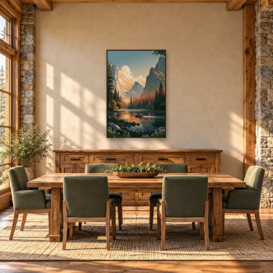 Yosemite Valley Boat on River national park wall art in a dining room