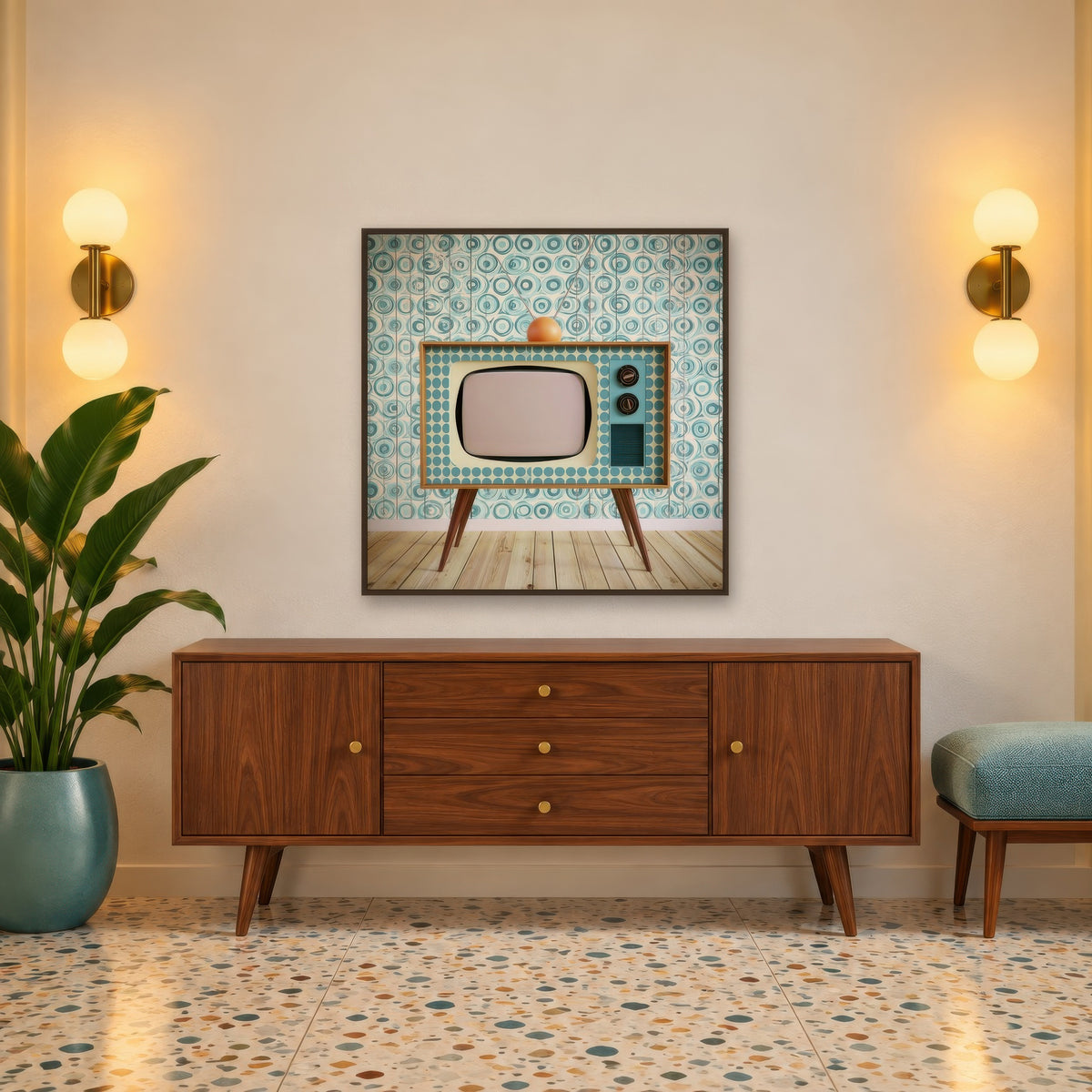 Vintage Television Set mid-century modern wall art in an entryway