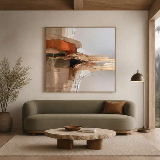 Square ochre and rust abstract artwork above a sage curved sofa with a floor lamp