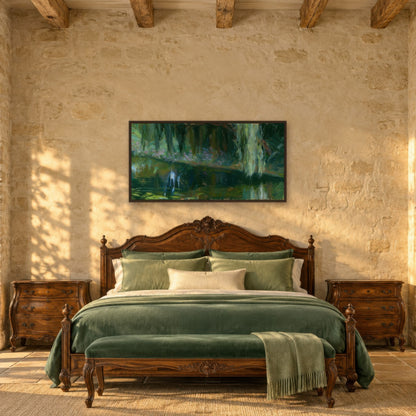 Shaded Willow Pond in Deep Green impressionist wall art in a bedroom