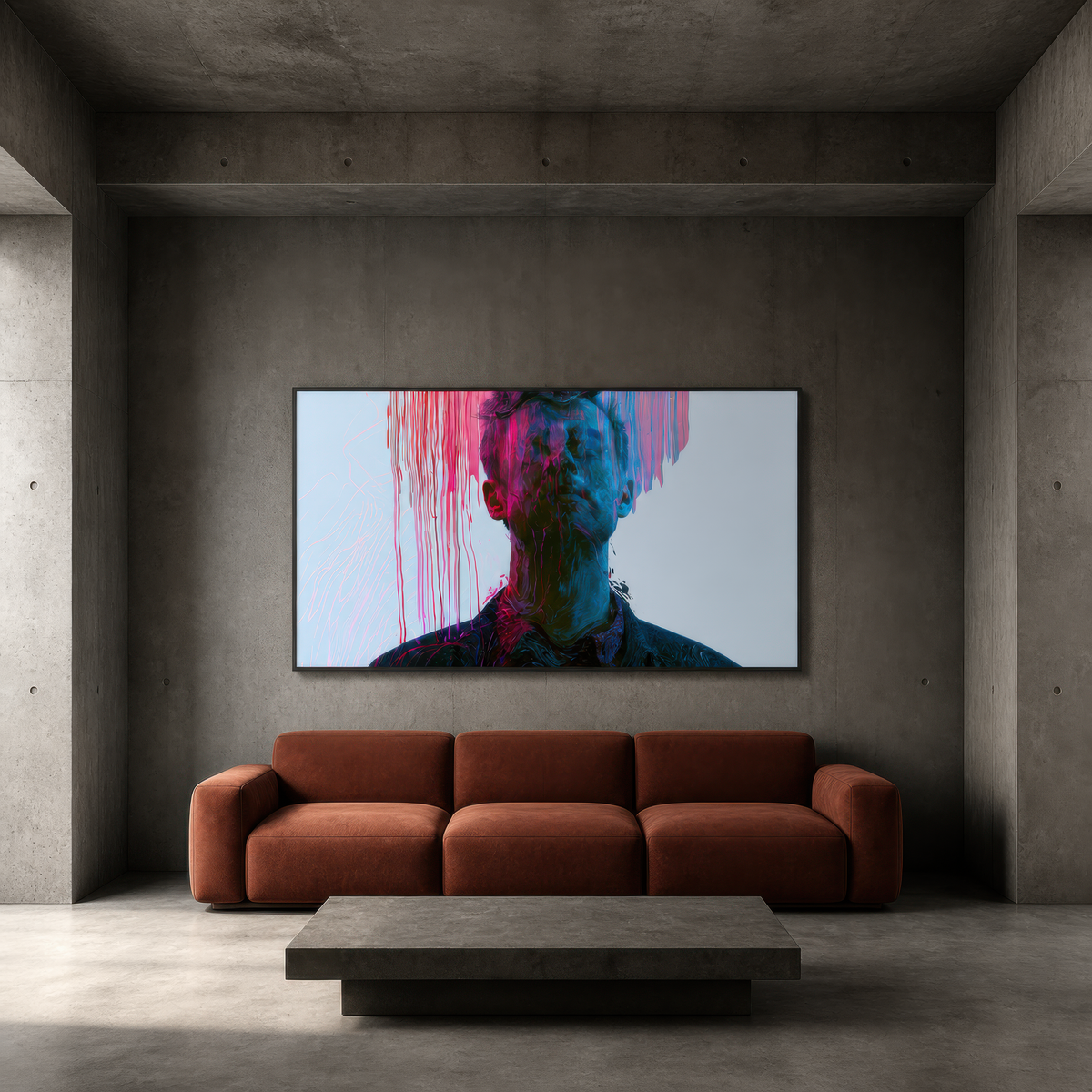Color Drip Portrait in Pink and Blue wall art staged in a living room