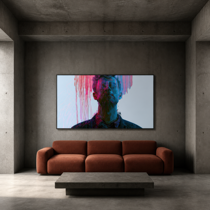 Color Drip Portrait in Pink and Blue wall art staged in a living room