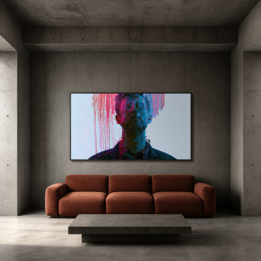 Color Drip Portrait in Pink and Blue wall art staged in a living room