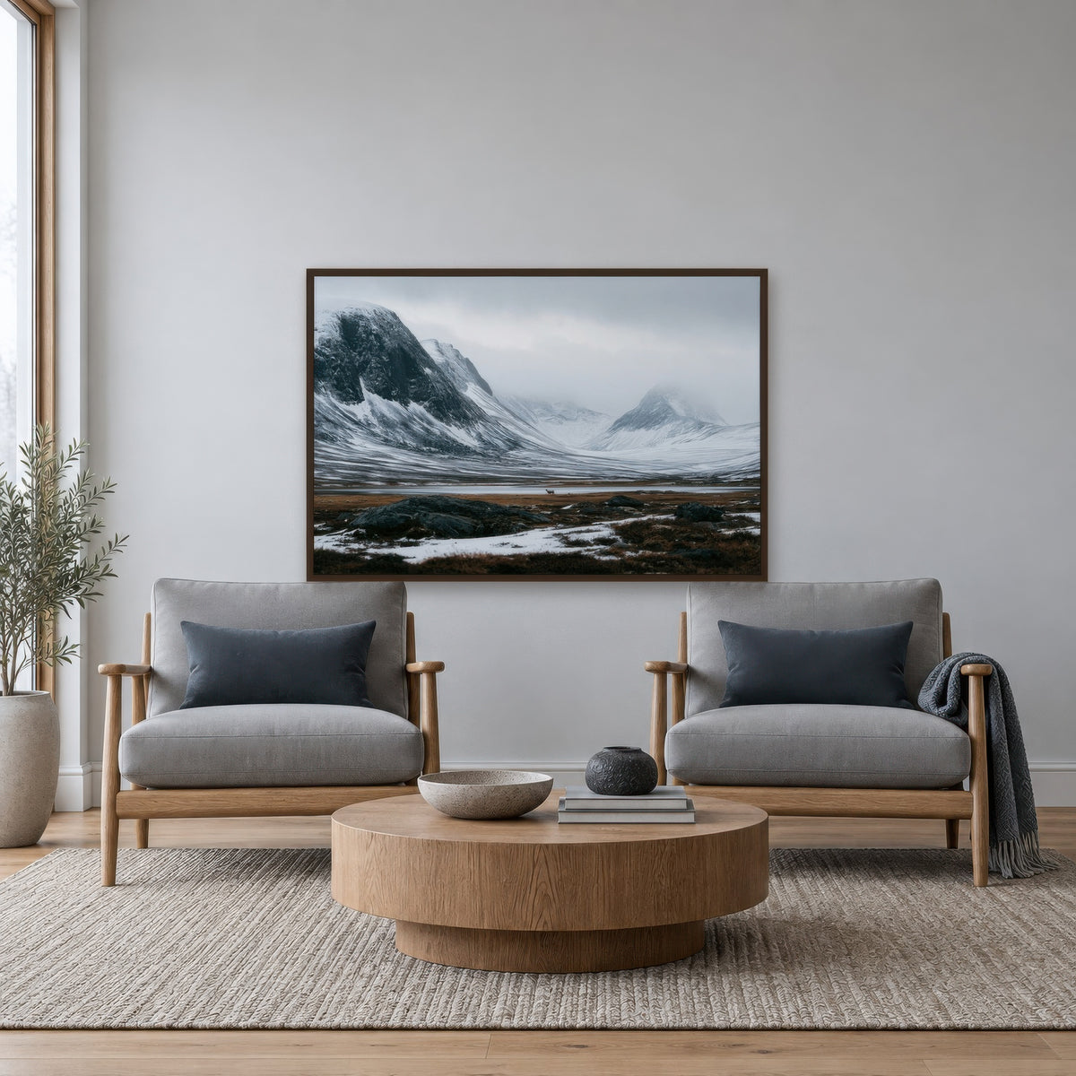 Snowy Mountain Valley with a Lone Deer scandinavian wall art in a den