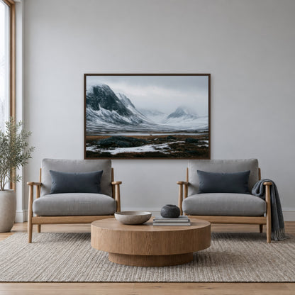 Snowy Mountain Valley with a Lone Deer scandinavian wall art in a den